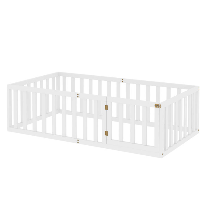 Harriet Bee Twin Size Wood Floor Bed Frame With Fence And Door, White